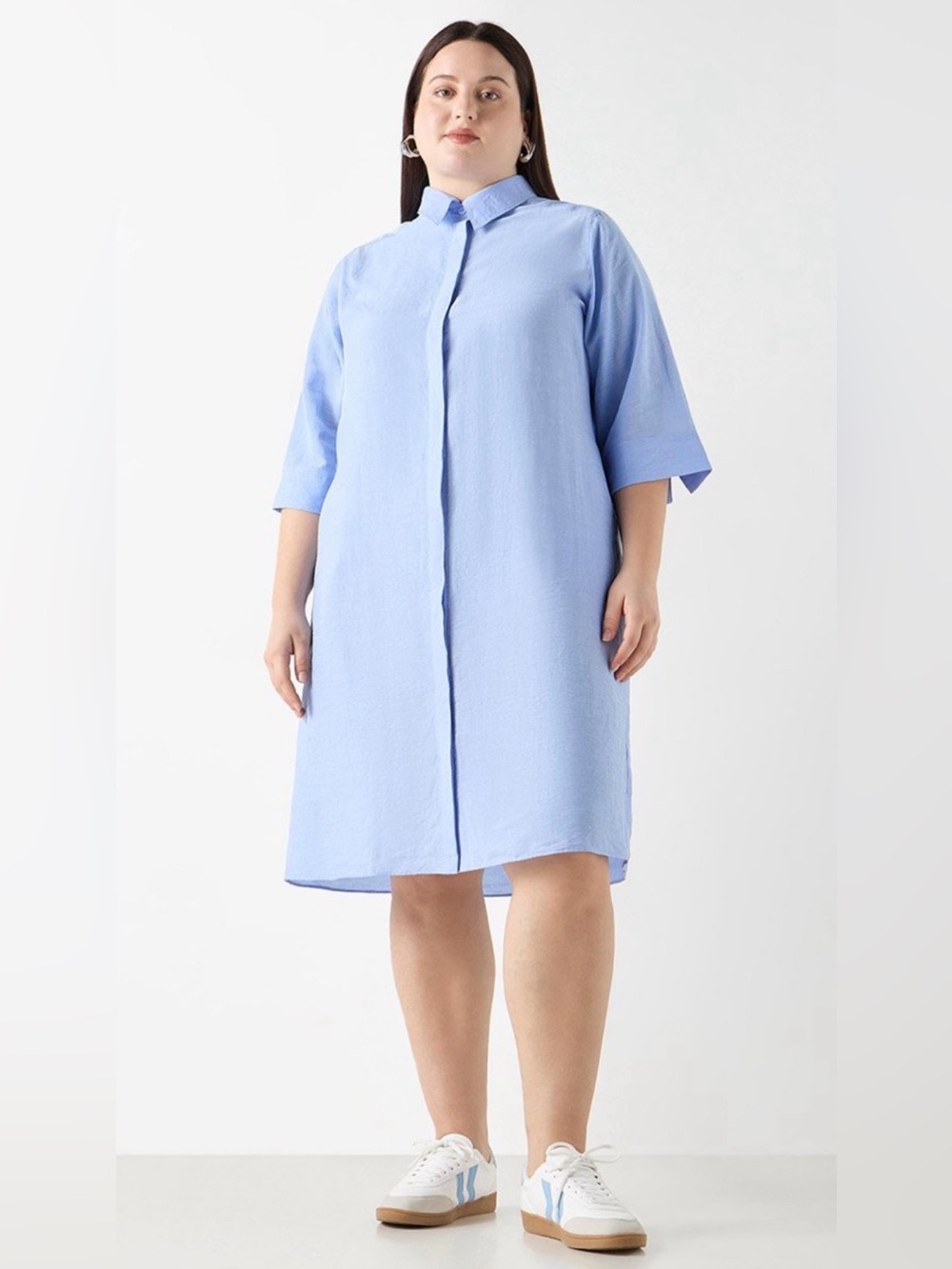 Ulla Popken Blue Plus Size Solid Shirt Dress with Pocket